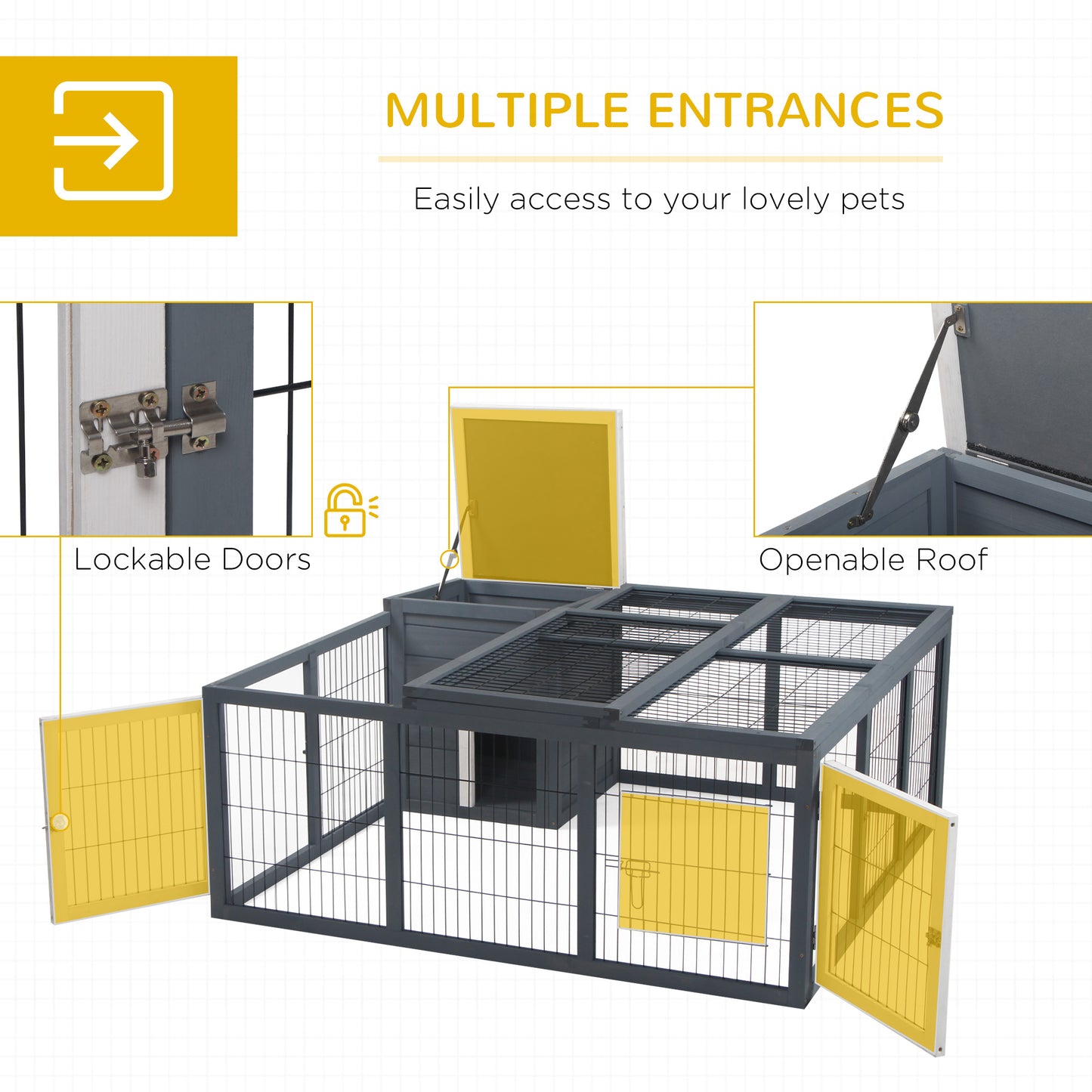 PawHut Rabbit Hutch Outdoor, Guinea Pig House, Bunny Run Cage With Openable Top For 1-2 Rabbits, 123 X 120 X 52cm, Grey