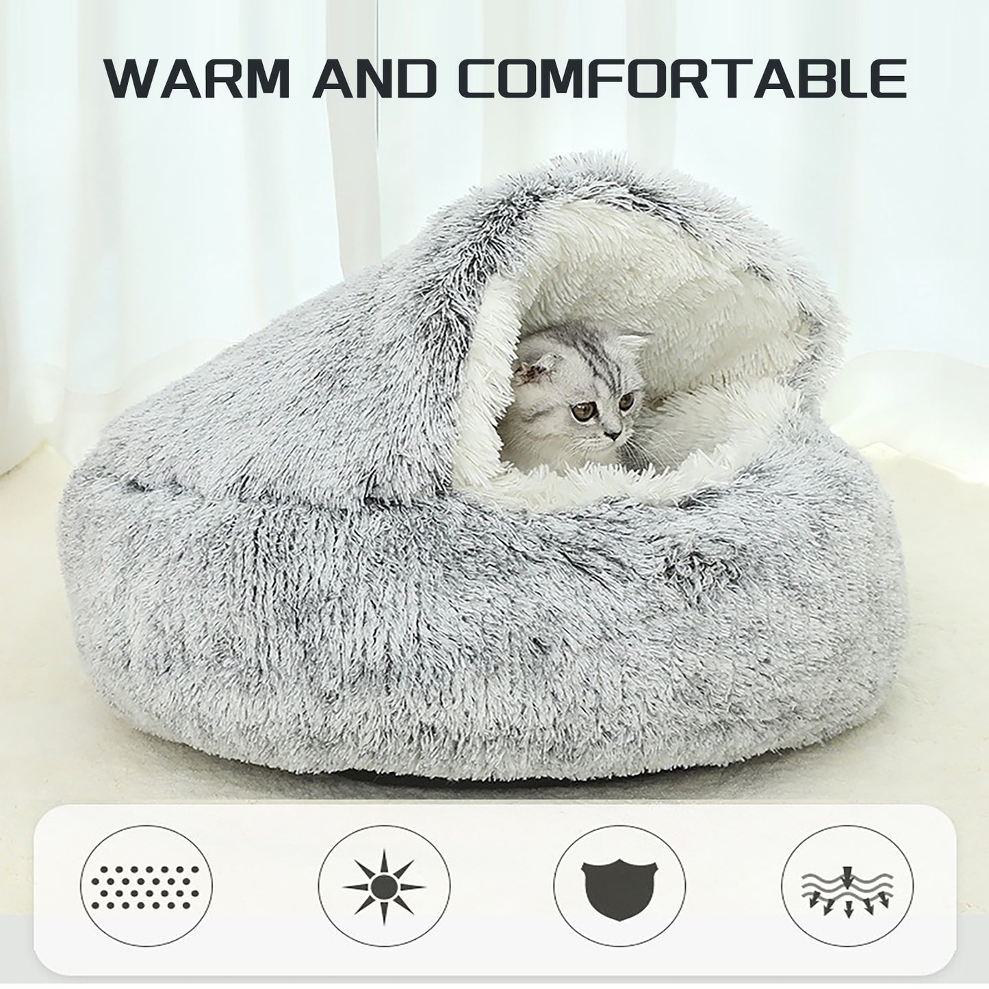 Luxurious Plush Round Cat Bed Cat Bed Round Soft Plush Burrowing Cave Hooded Cat Bed Donut For Dogs Cats - Semi-Enclosed For Cozy Warmth, Easy-Clean
